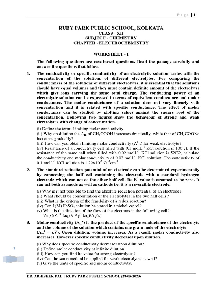 Electrochemistry Worksheet I PDF Redox Electrochemistry