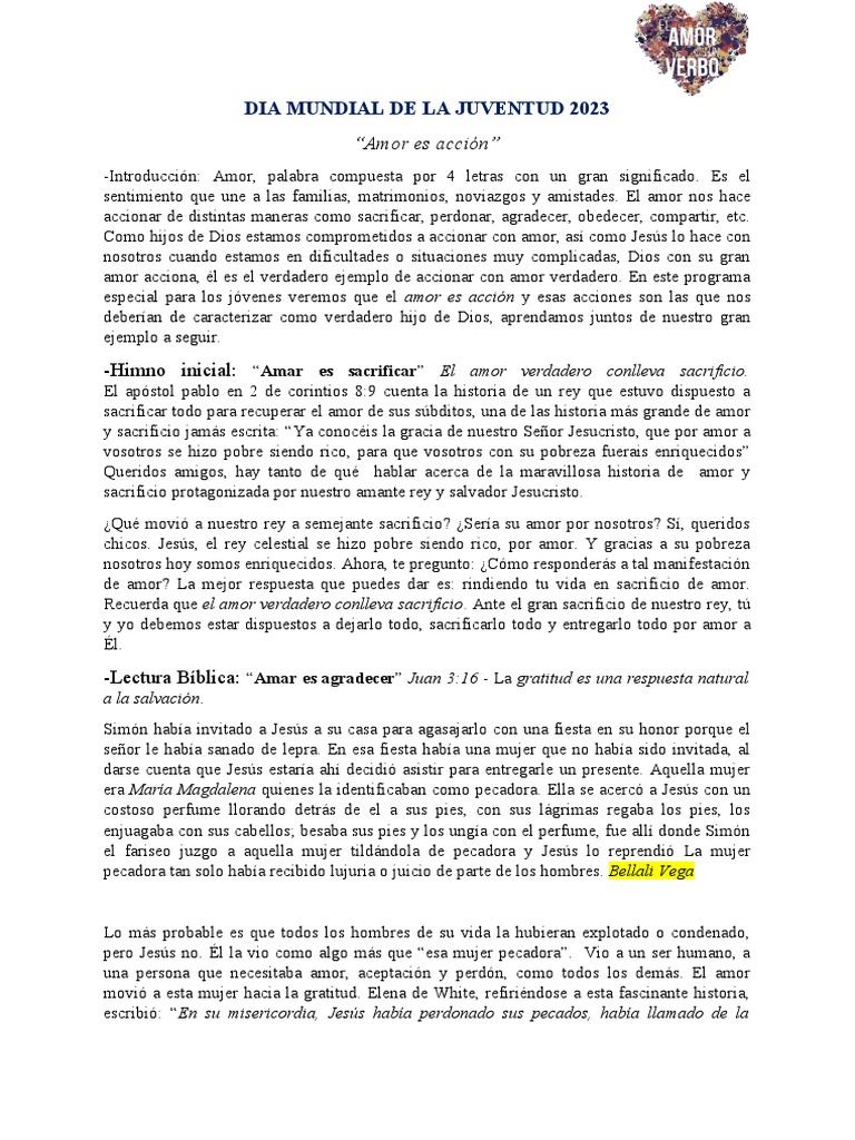 DIA MUNDIAL DE LA JUVENTUD 2023-Escuela Sabatica | PDF | Amor | Jesús