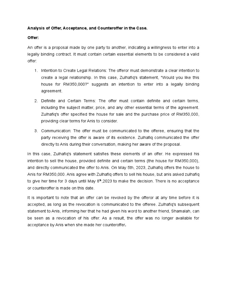 Analysis of Offer, Acceptance, and Counteroffer PDF Offer And
