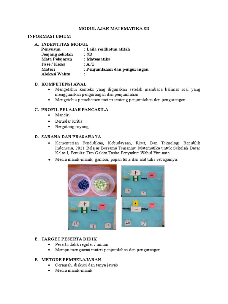 Modul Ajar Matematika Kelas 1 SD | PDF | Karier & Perkembangan | Seni ...