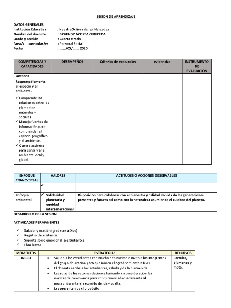 Sesión de Aprendizaje: Visita al Museo | PDF | Evaluación | Aprendizaje