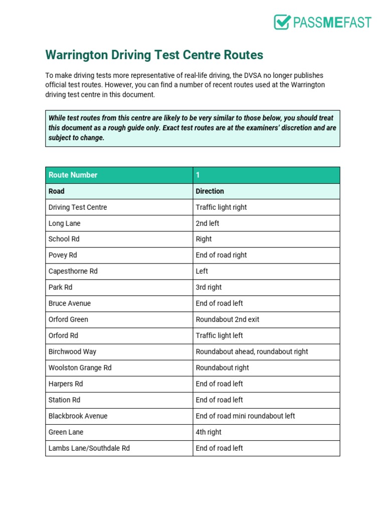 Warrington Driving Test Routes Guide | PDF | Design | Streets And Roads