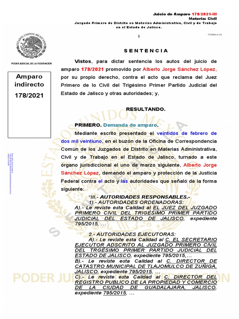 Amparo Indirecto 178/2021: Sentencia Vistos, para Dictar Sentencia Los