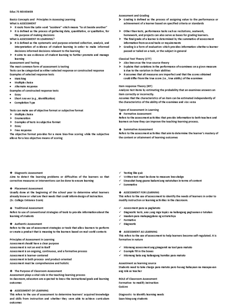 Types and Principles of Assessment in Learning | PDF | Educational ...