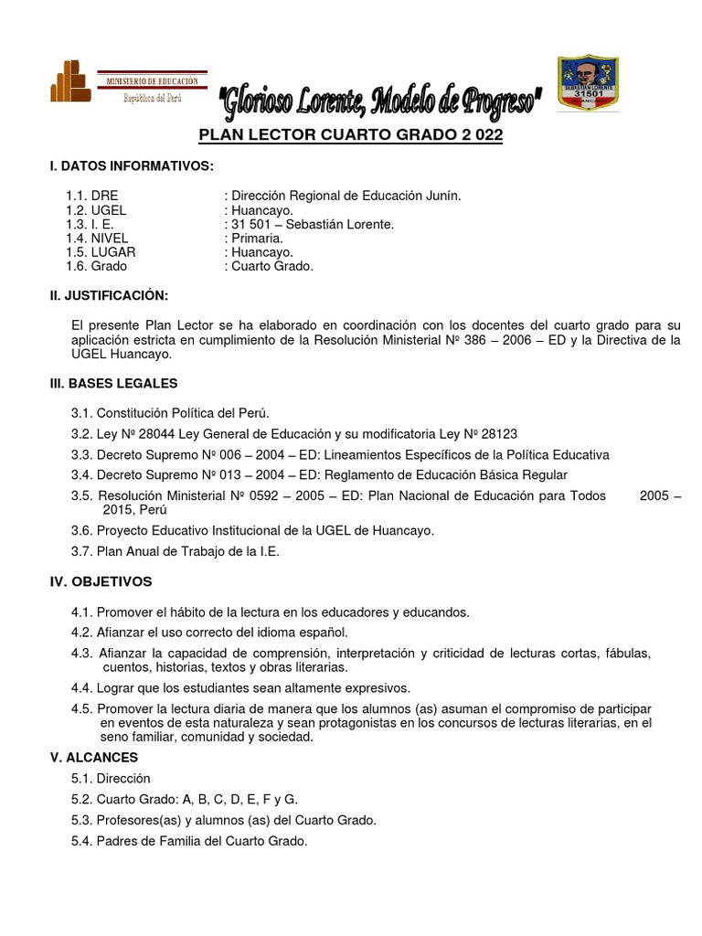 Plan Lector Cuarto Grado 2022 | PDF | Escritura | Lectura (proceso)