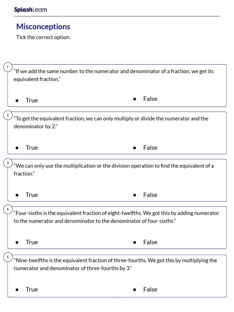 Misconceptions Statements On Equivalent Fractions Worksheet Pdf