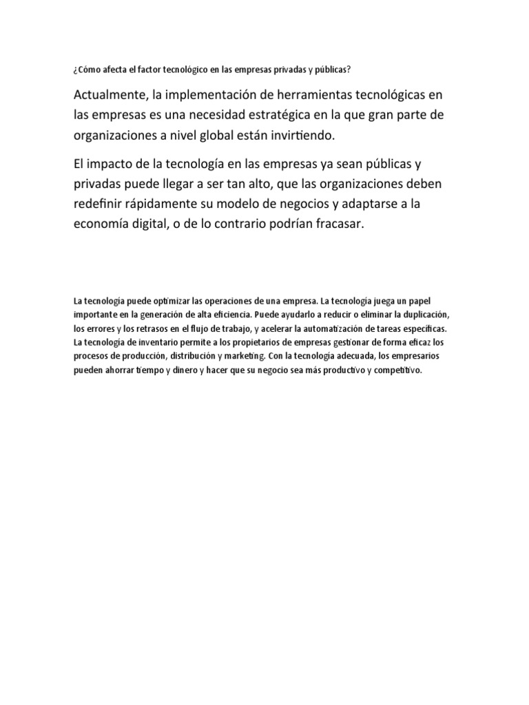 Cómo Afecta El Factor Tecnológico en Las Empresas Privadas y Públicas | PDF
