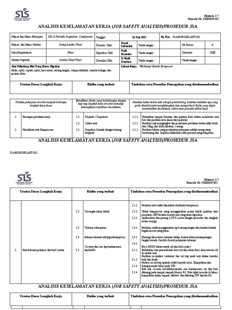 Contoh JSA untuk Inspeksi Kompresor | PDF