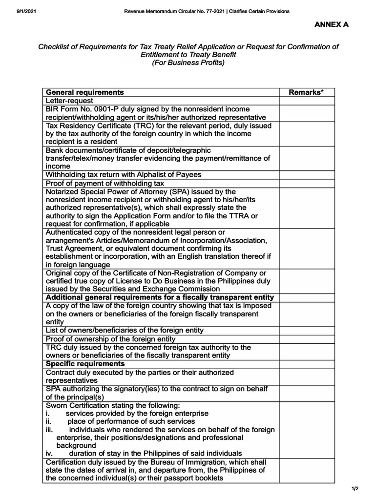 Tax Treaty Relief Application Checklist | PDF | Taxes | Justice