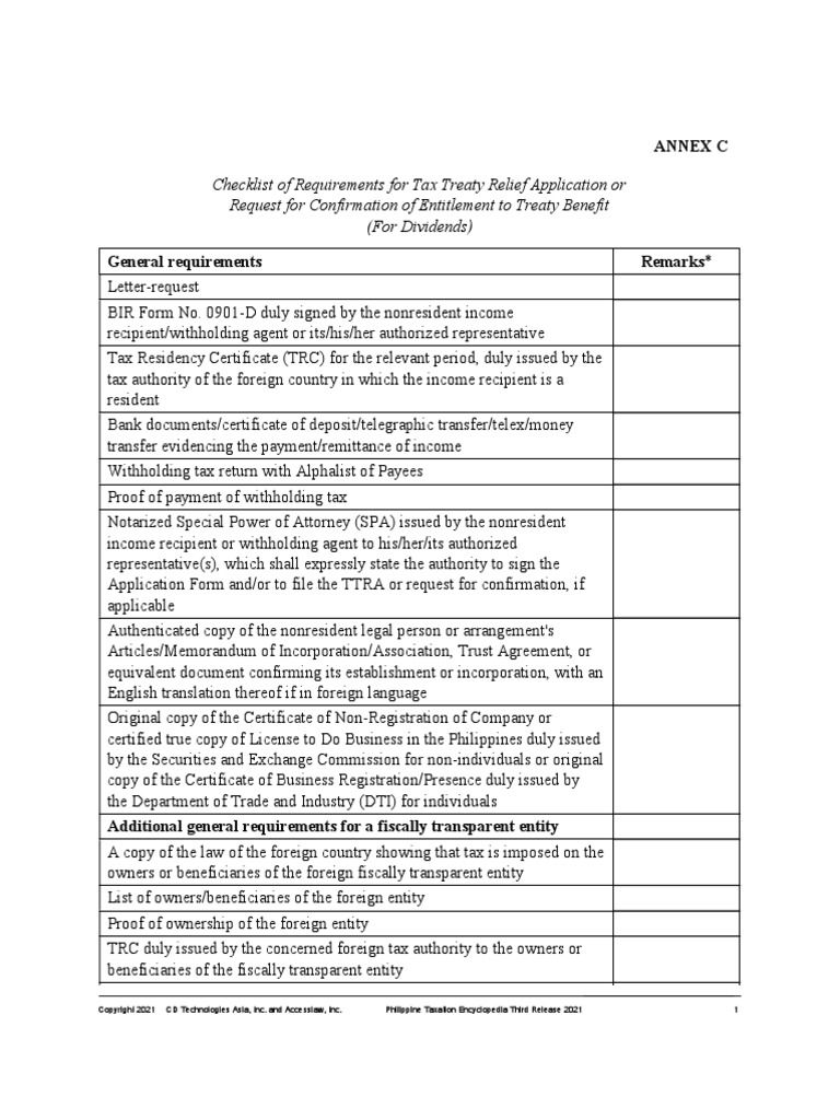 Tax Treaty - List of Documentary Requirements (RMO 14-21 & RMC 77-21 ...