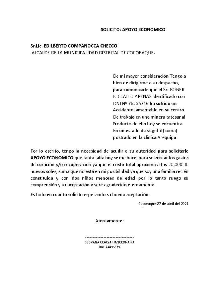 Solicitud de Apoyo Económico Urgente | PDF
