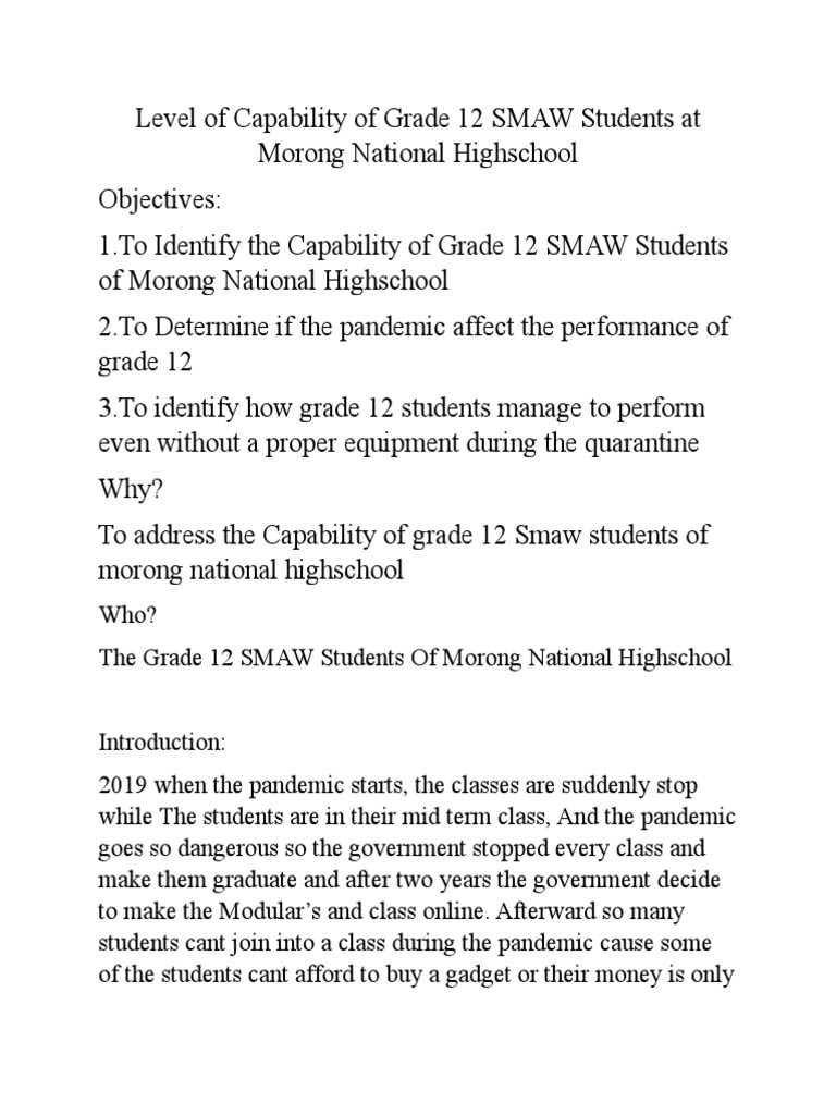 Level Of Capability Of Grade 12 Smaw Students At Morong National