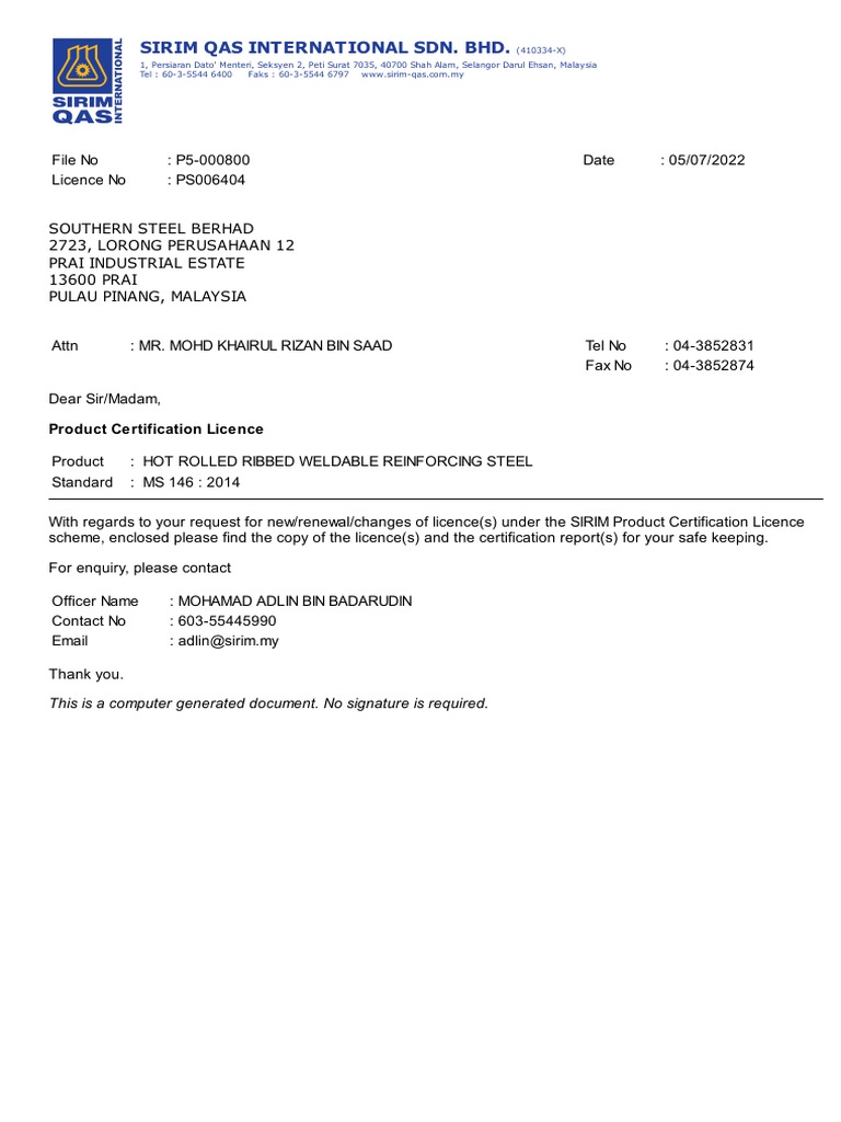 Southern Steel MS 146:2014 Certification | PDF