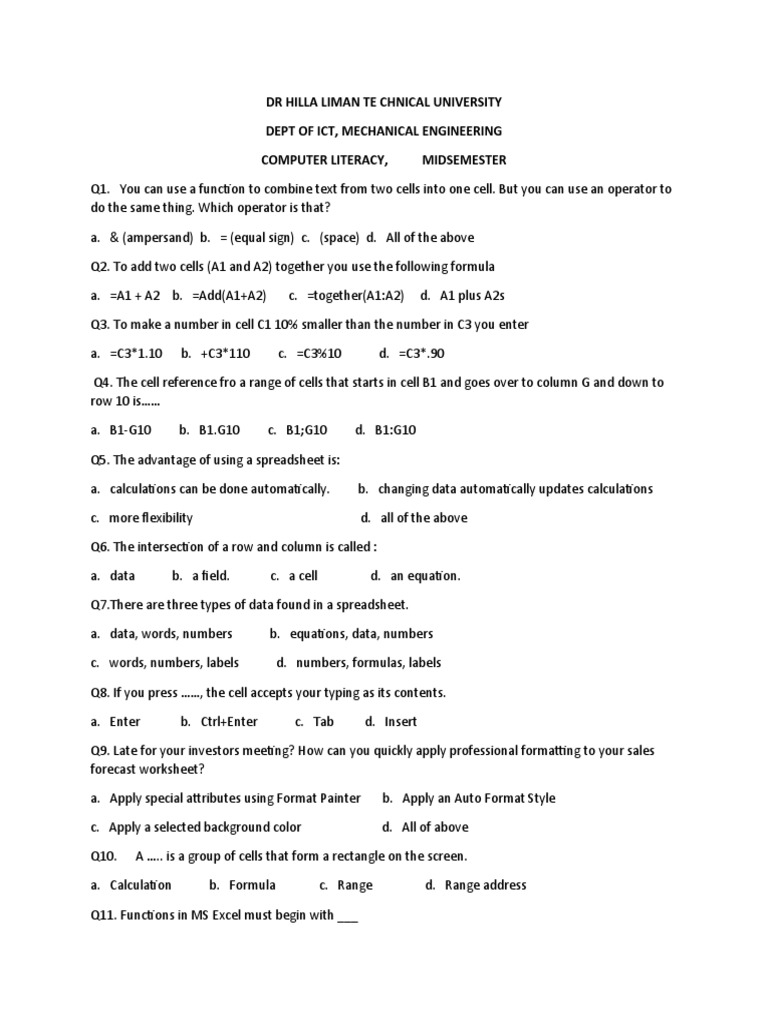 Mid Sem Computer Literacy Excel 2021 - 2022 | Descargar gratis PDF ...