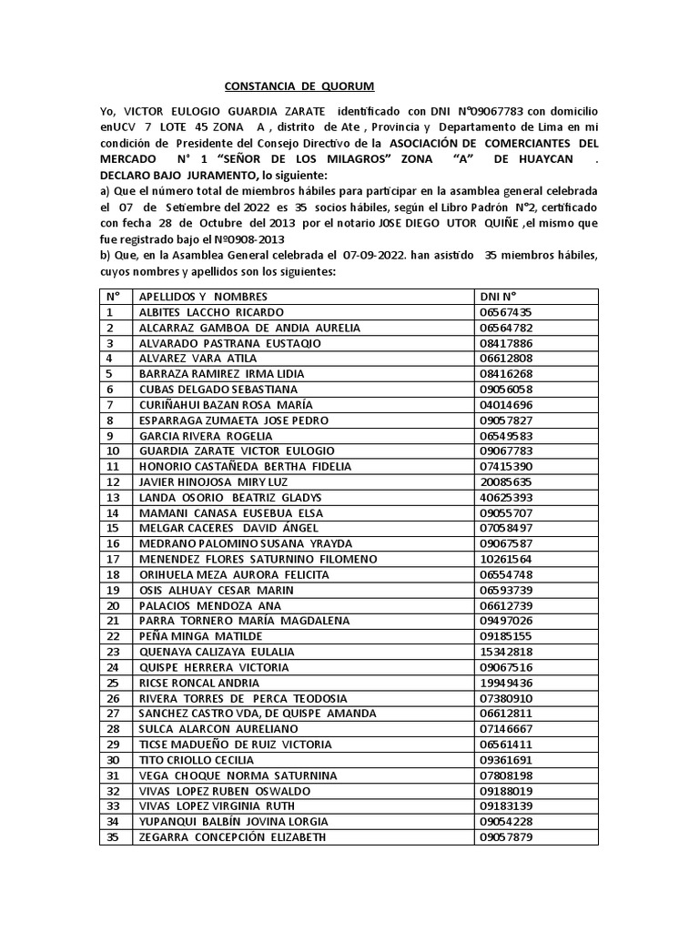 CONSTANCIA DE QUORUM Y CONVOCATORIA. PDF Perú