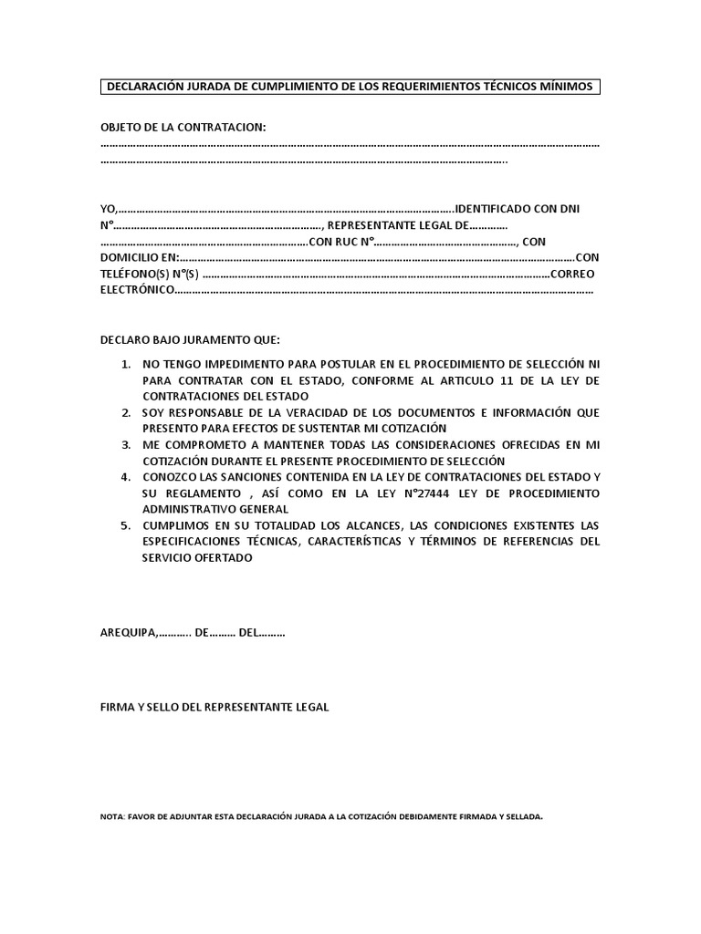 Declaración Jurada de Cumplimiento Técnico | PDF