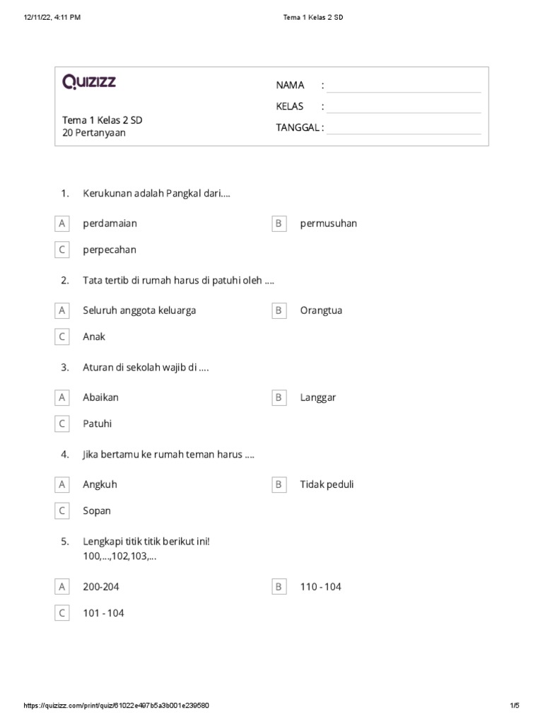 Kuis Tema 1 Kelas 2 SD: Kerukunan dan Pancasila | PDF