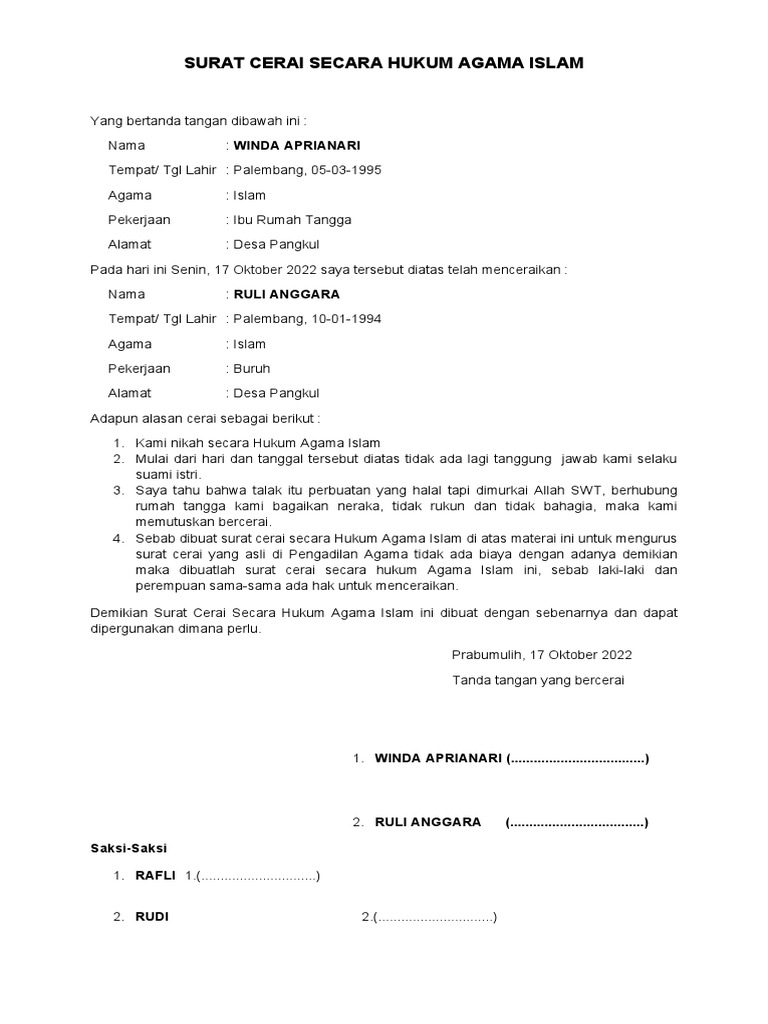 Surat Cerai Secara Hukum Agama Islam | PDF