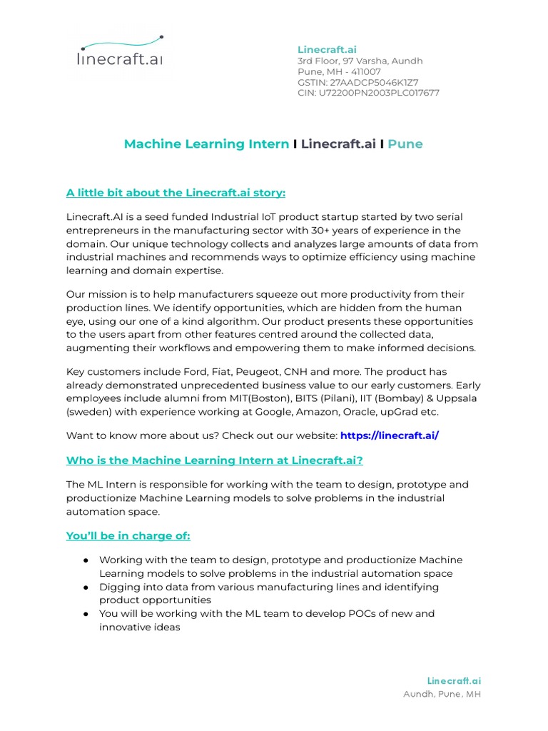 Linecraft AI Limited Machine Learning Engineering PDF Machine
