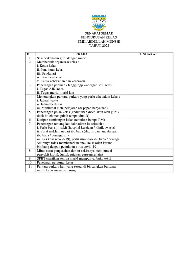 Senarai Semak Pengurusan Kelas | PDF