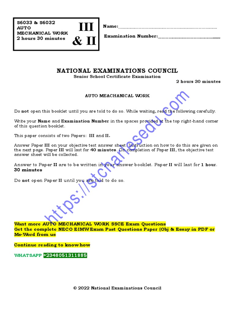 NECO Auto Mechanical Work Past Question Paper and Answer PDF Download