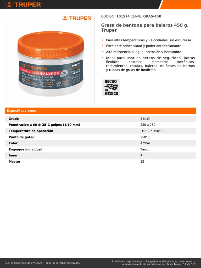 Grasa de Bentona Truper para Baleros | PDF