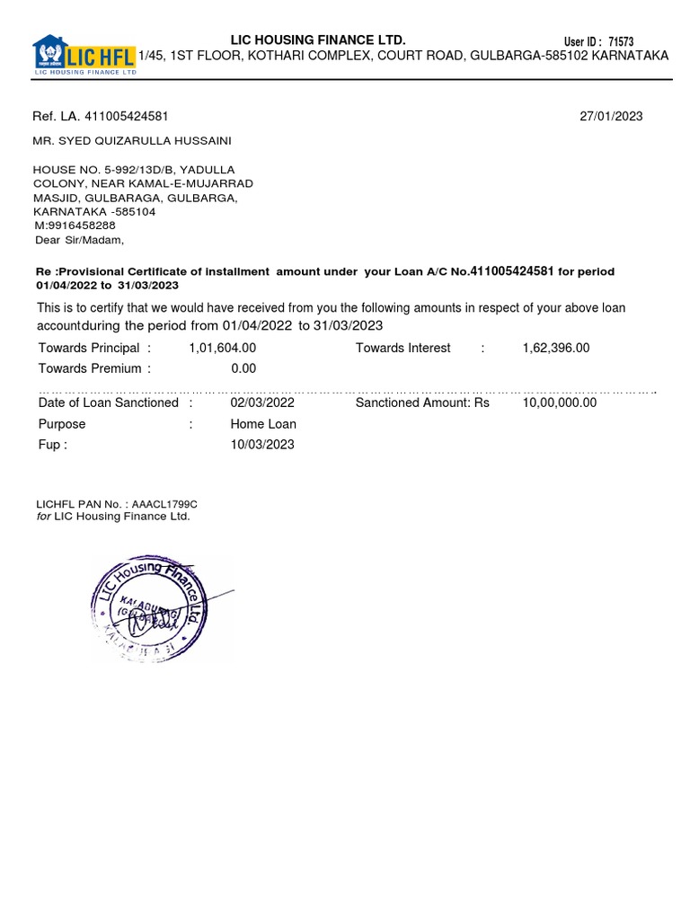 Housing Loan Certificate PDF