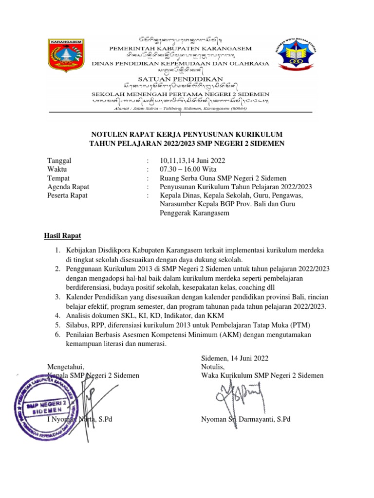 Notulen Rapat Penyusunan Kurikulum SMP | PDF