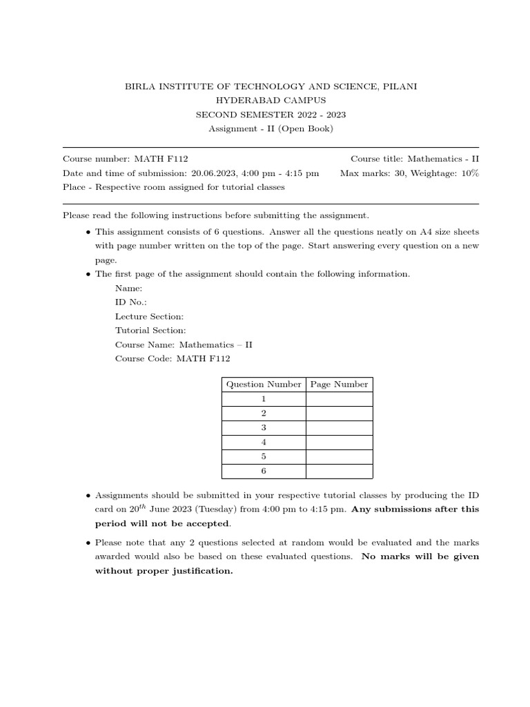 BITS Pilani Math II Assignment 2023 | PDF | Equations | Functions And ...