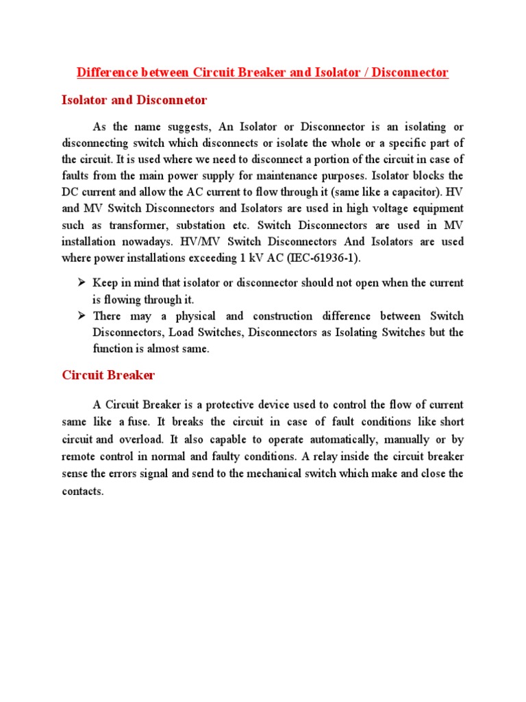 Difference Between Circuit Breaker and Isolator PDF Switch Power