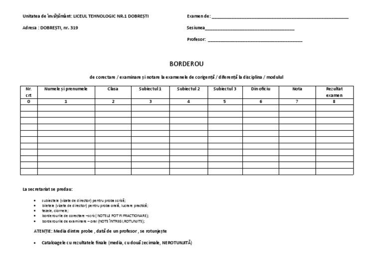Borderou Examinare - Examen de Diferenta MODELdoc | PDF