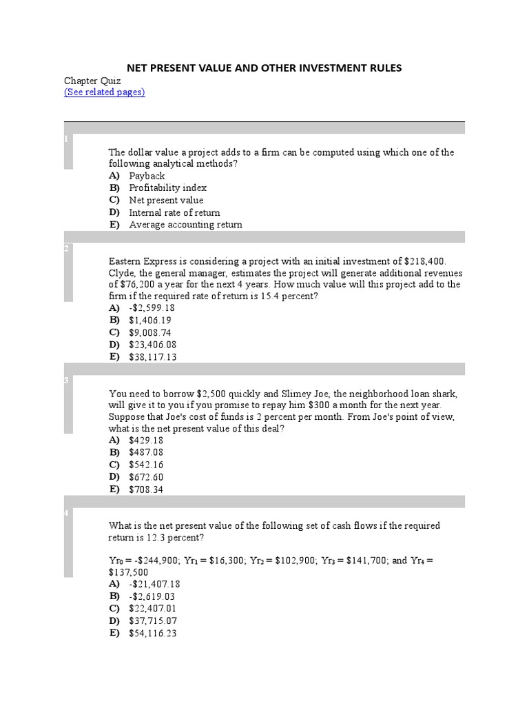 Net Present Value Quiz Examples | PDF | Net Present Value | Cost Of Capital