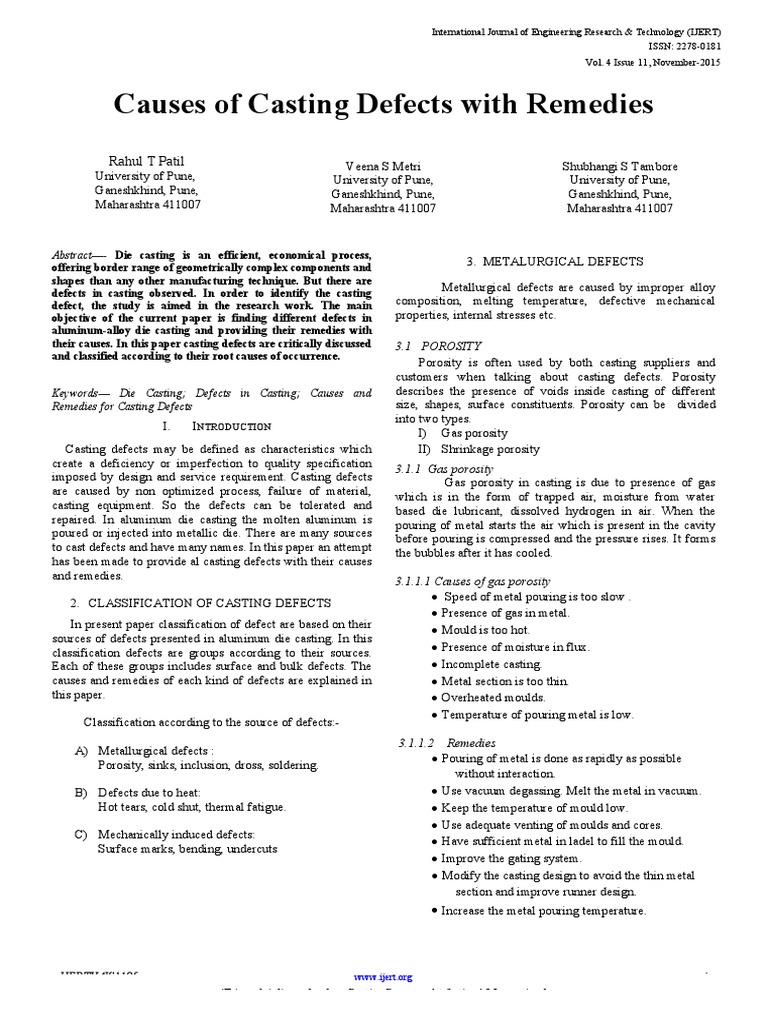 Causes and Remedies for Casting Defects | PDF | Casting (Metalworking ...