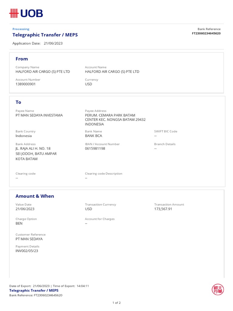 Telegraphic Transfer Details: FT23060234645620 | PDF