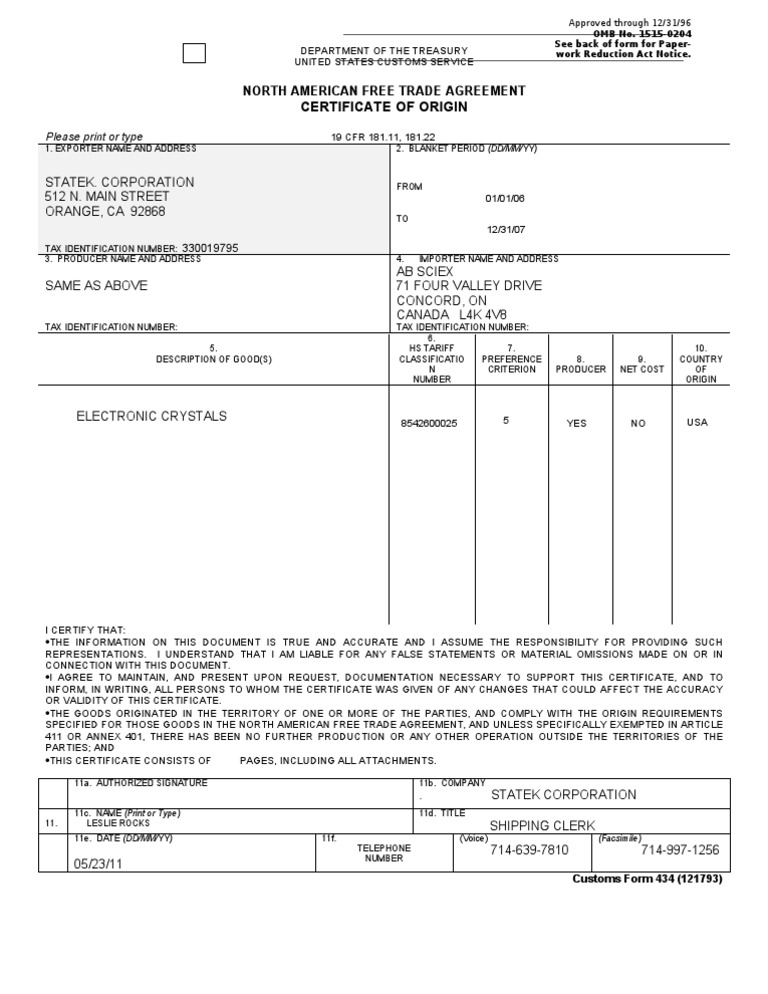 NAFTA Certificate of Origin Form | PDF | Social Science | Law