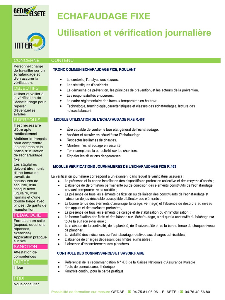 Vérification Journalière Échafaudage Fixe | PDF | Prophylaxie | Sécurité