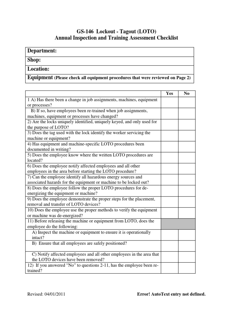 LOTO Annual Inspection Checklist | PDF | Manufactured Goods ...