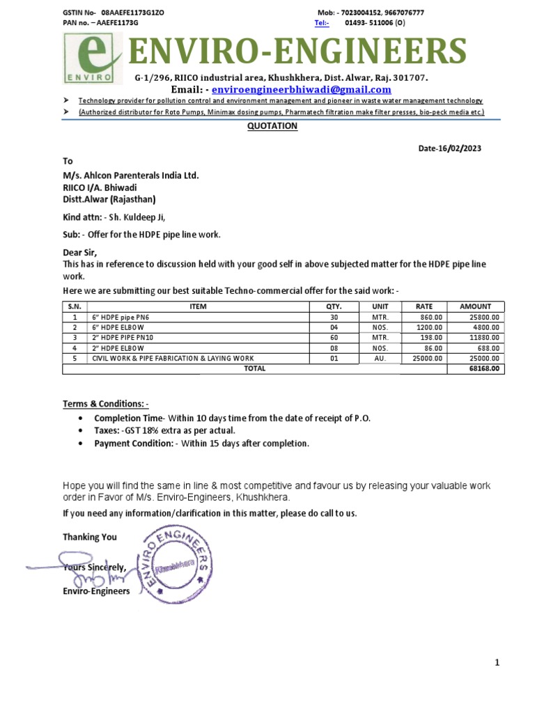 Ahlcon Hdpe Pipe Line Work PDF