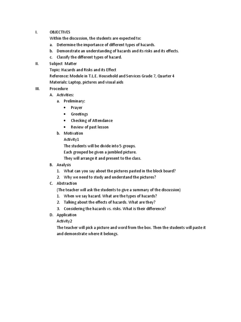 Tle Demo Pdf Hazards Risk