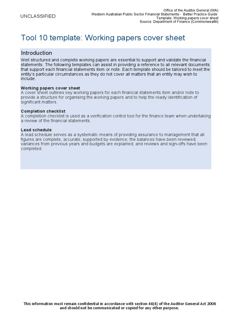 Working Papers Cover Sheet Template | PDF | Financial Statement ...