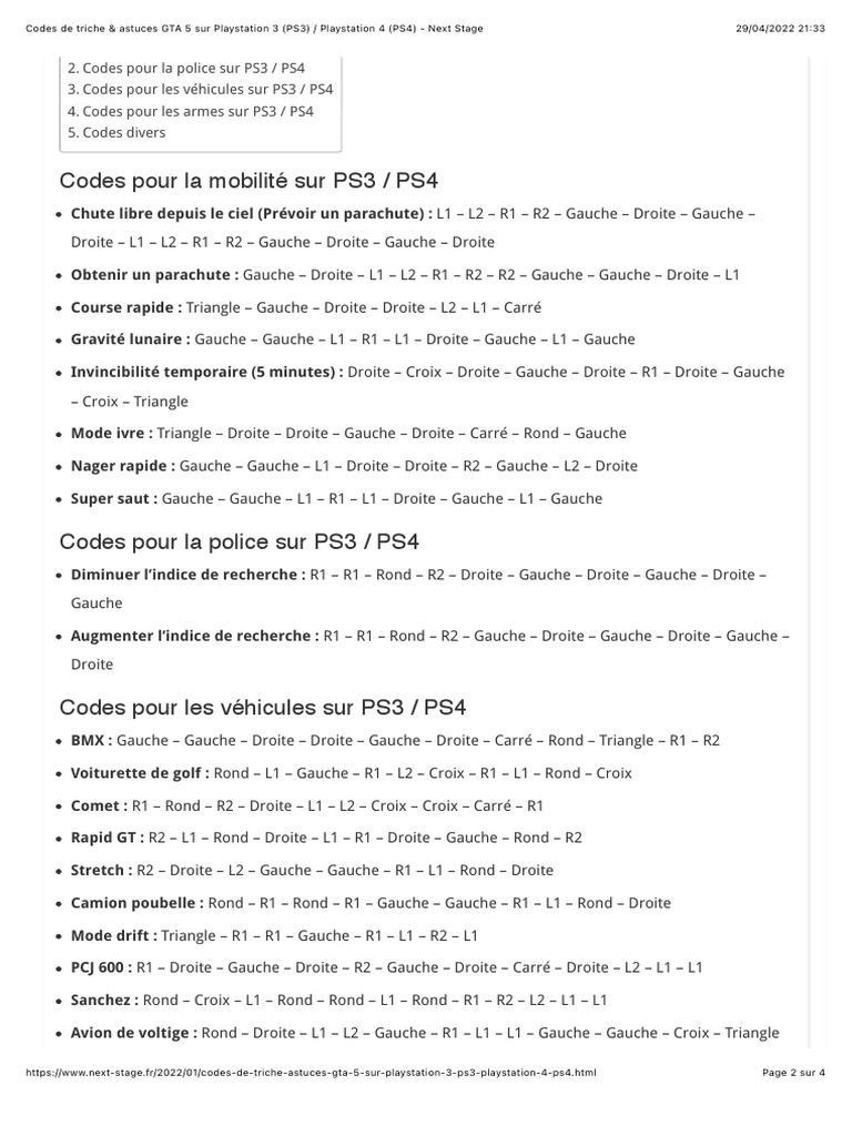Codes de triche & astuces GTA 5 sur Playstation 3 (PS3) / Playstation 4  (PS4) - Next Stage