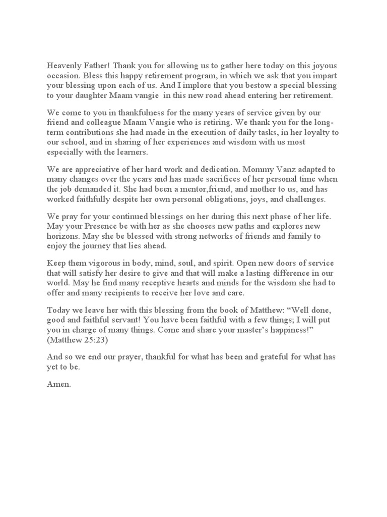 Retirement Program Prayer | PDF | Wellness | Religion & Spirituality
