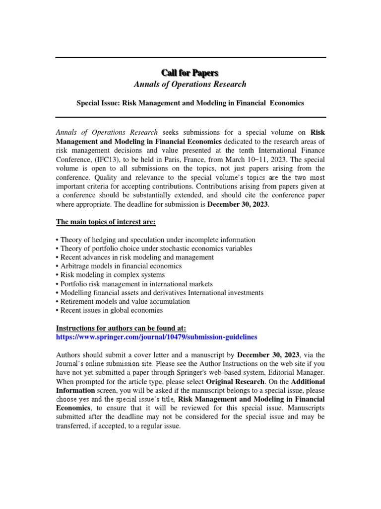 Call For Papers PDF Financial Economics Risk