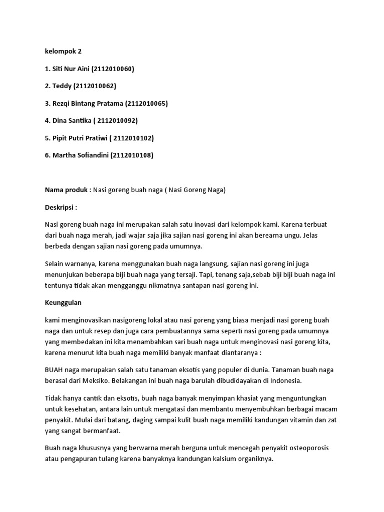 Deskripsi Kelompok 2 Nasi Goreng Naga | PDF