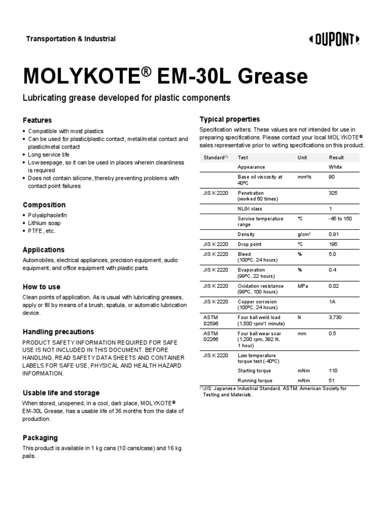 MOLYKOTE EM30L Grease 803106C01 PDF Materials Physical Sciences