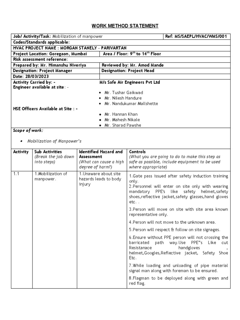 Manpower Mobilization Safety Plan | PDF | Personal Protective Equipment ...