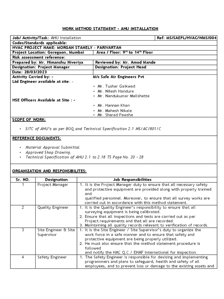 AHU Installation Method Statement | PDF | Safety | Occupational Safety ...