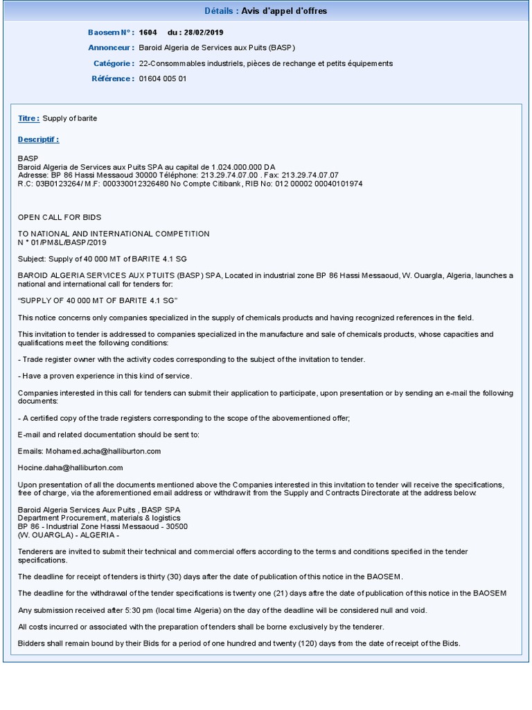 Barite Supply Tender Notice - BASP | PDF | Procurement | Supply Chain ...