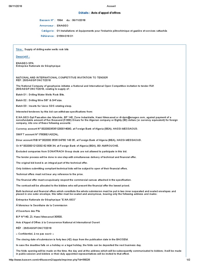ENAGEO Tender for Drilling Equipment | PDF | Financial Markets ...