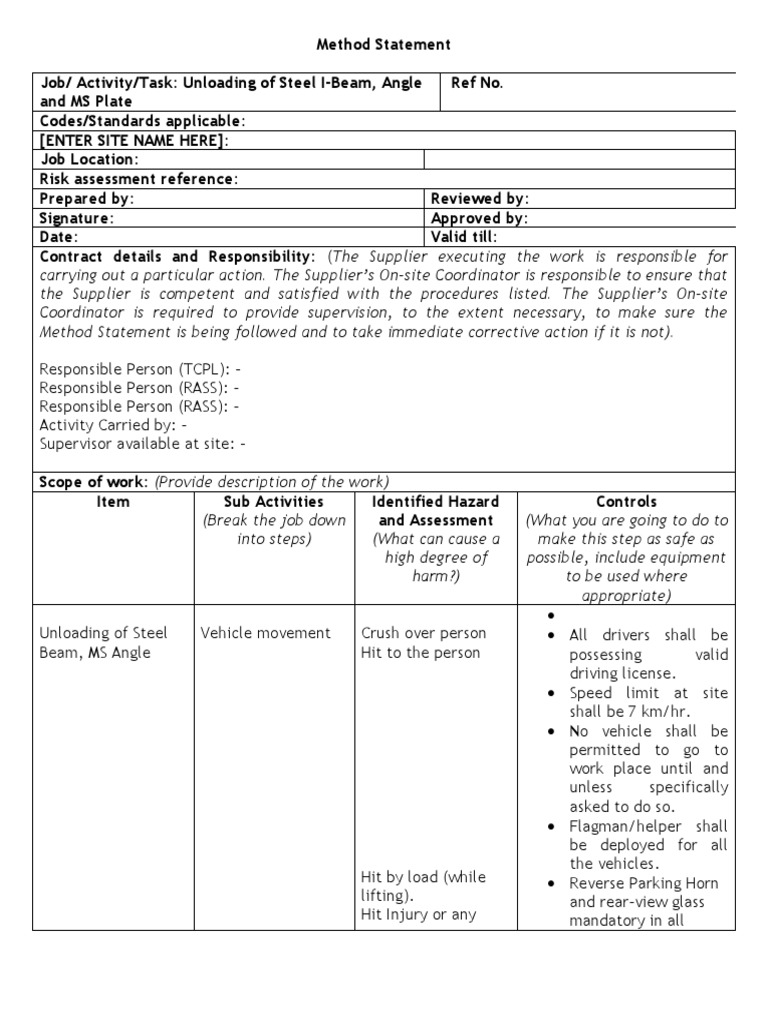 02 Method Statement For Unloading of MS Steel Beam, Angle and MS Plate ...